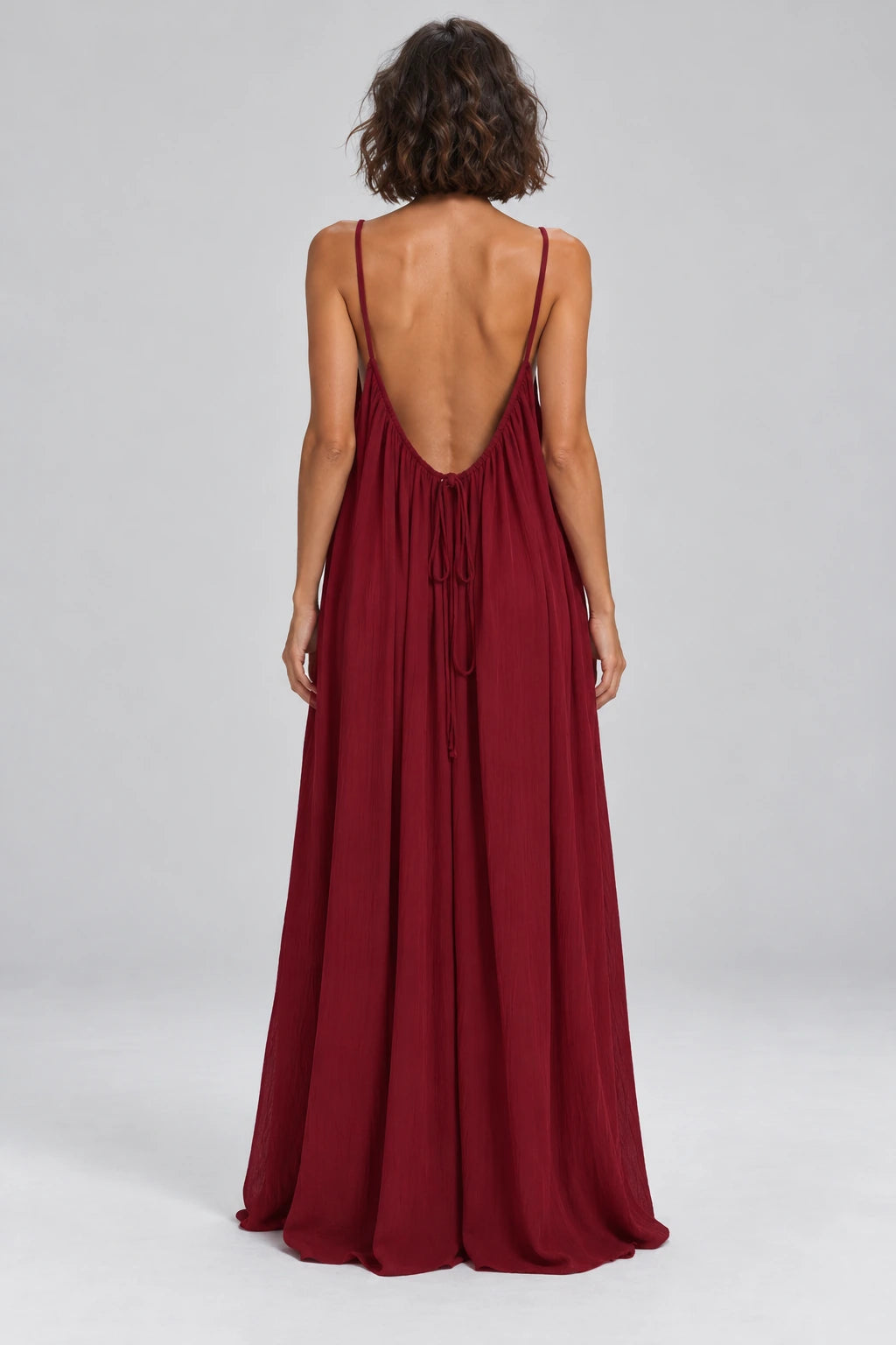 Sienna Open Back Maxi Dress in Burgundy – studio back view