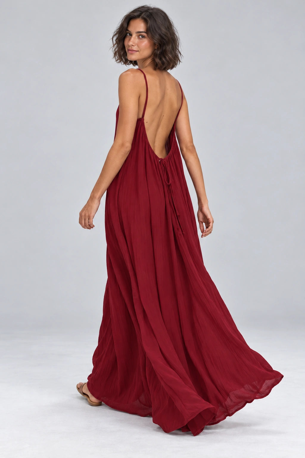 Sienna Open Back Maxi Dress in Burgundy – studio movement view