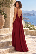 Sienna Open Back Maxi Dress in Burgundy – terrace lifestyle view