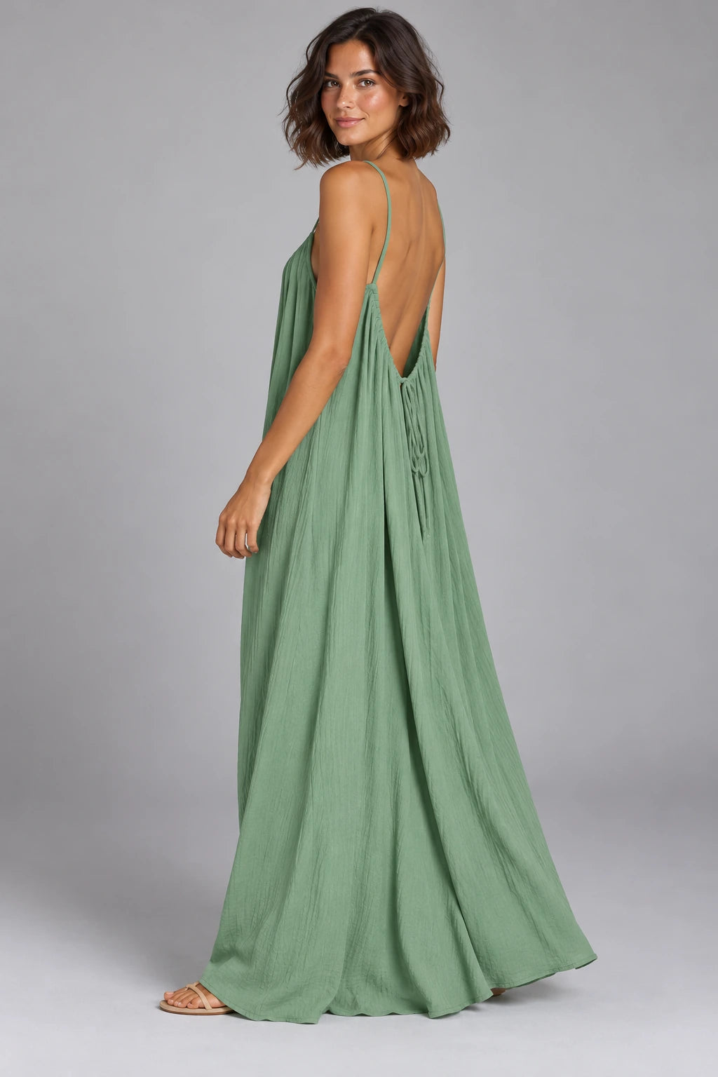 Sienna Open Back Maxi Dress in Green – studio three-quarter view