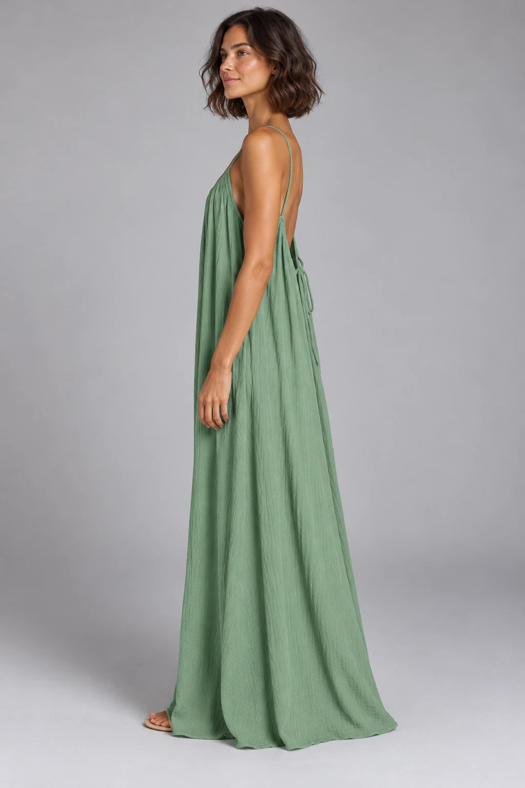 Sienna Open Back Maxi Dress in Green – studio side profile