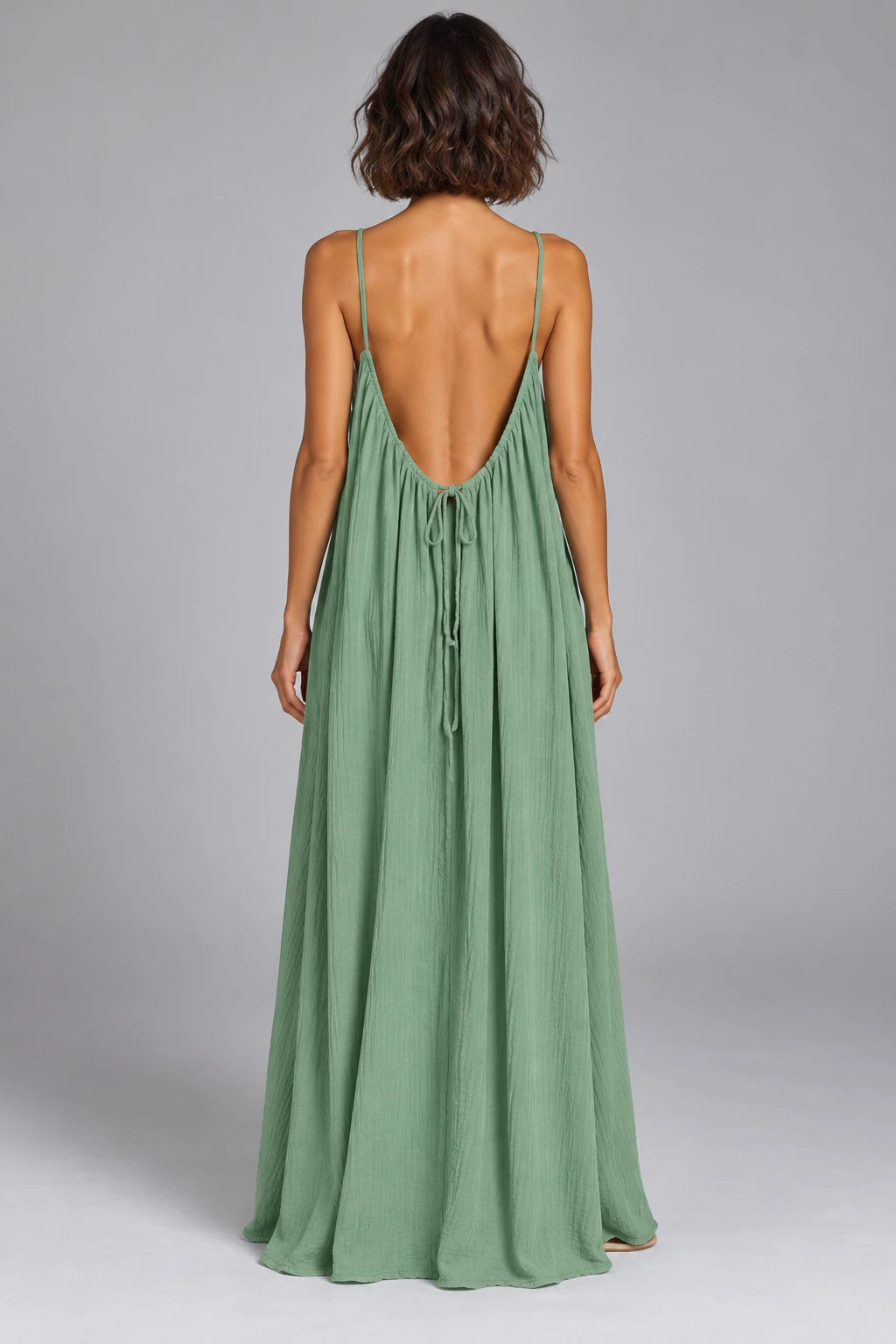 Sienna Open Back Maxi Dress in Green – studio back view