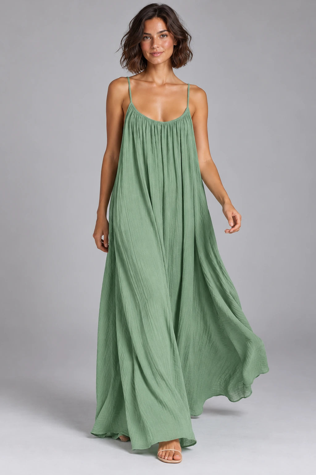 Sienna Open Back Maxi Dress in Green – studio movement view