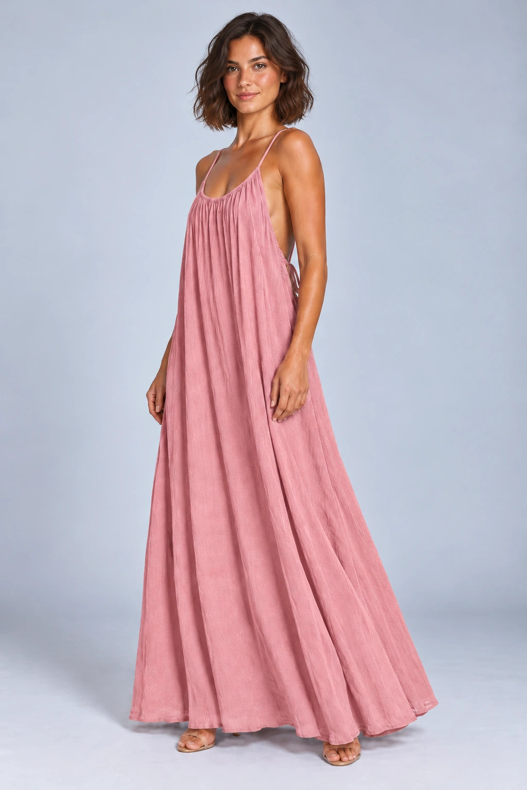 Sienna Open Back Maxi Dress in Pink – studio three-quarter view