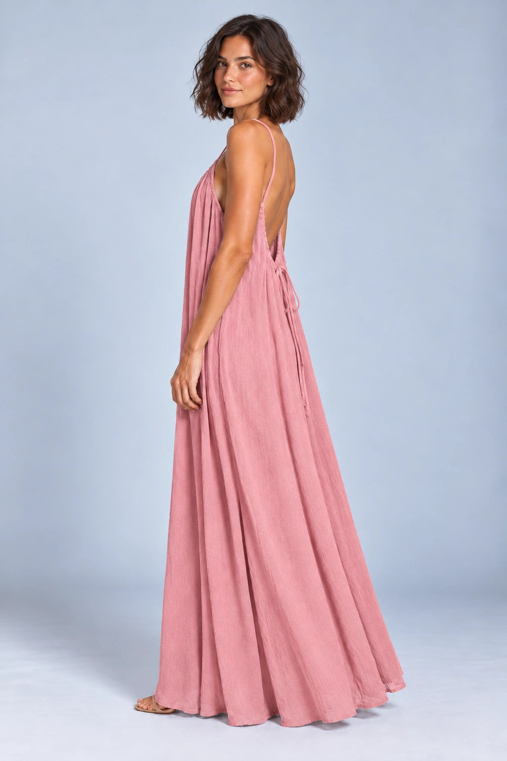 Sienna Open Back Maxi Dress in Pink – studio side profile