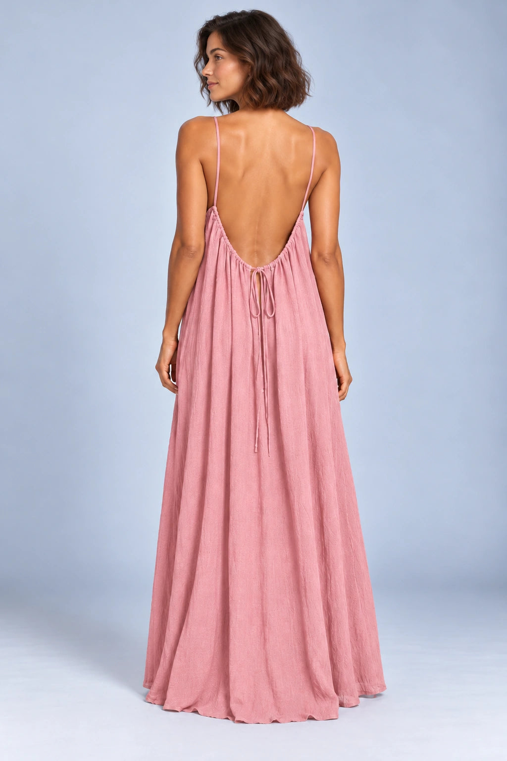 Sienna Open Back Maxi Dress in Pink – studio back view