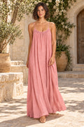 Sienna Open Back Maxi Dress in Pink – courtyard lifestyle view
