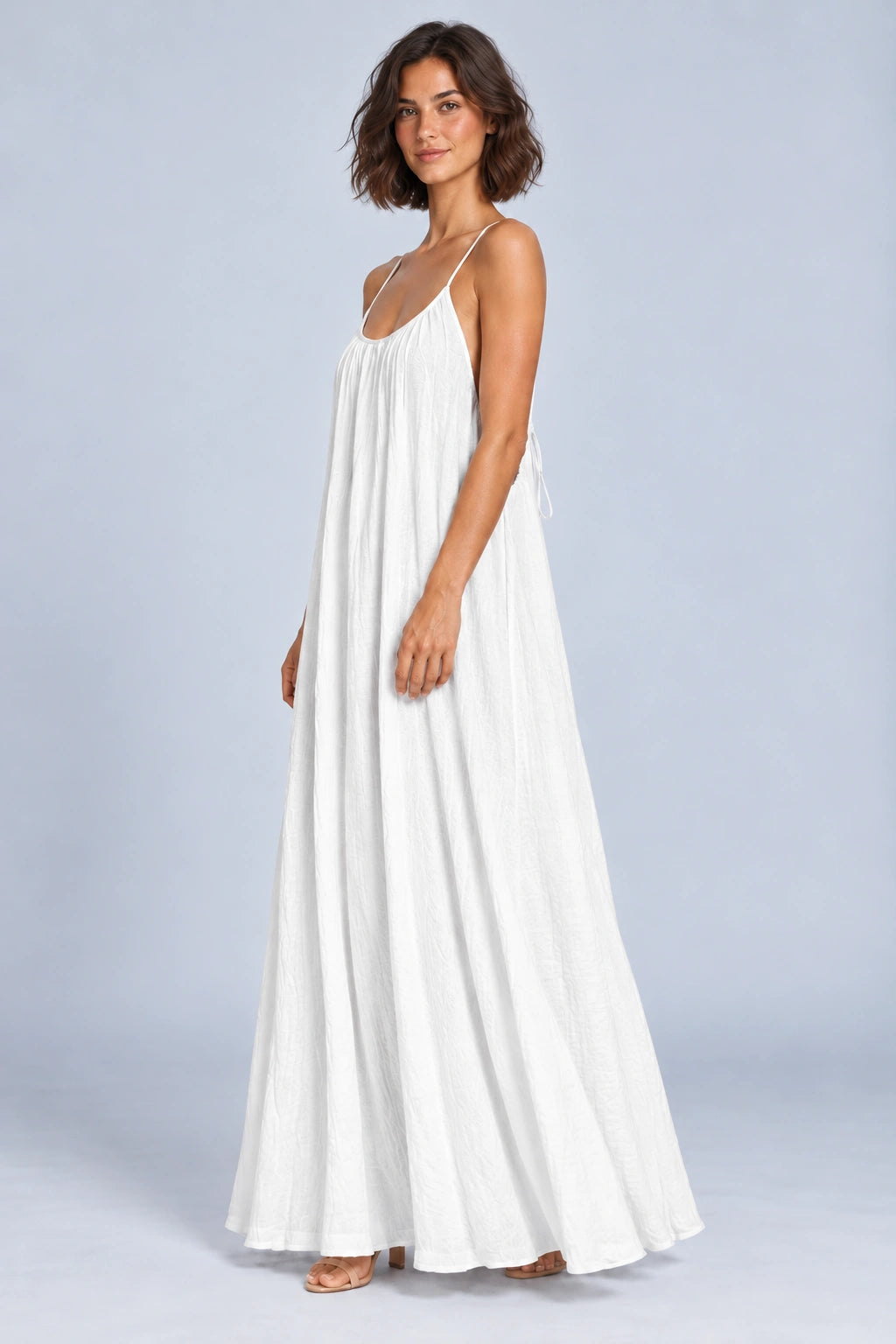 Sienna Open Back Maxi Dress in White – studio three-quarter view
