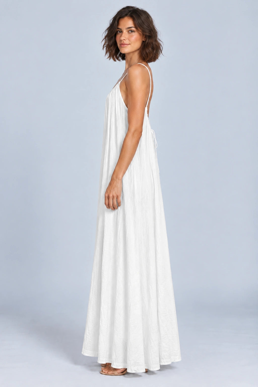 Sienna Open Back Maxi Dress in White – studio side profile