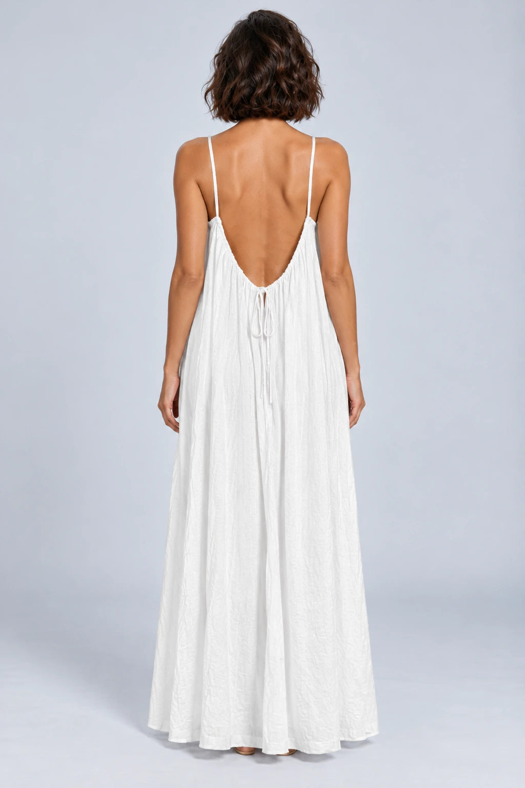Sienna Open Back Maxi Dress in White – studio back view