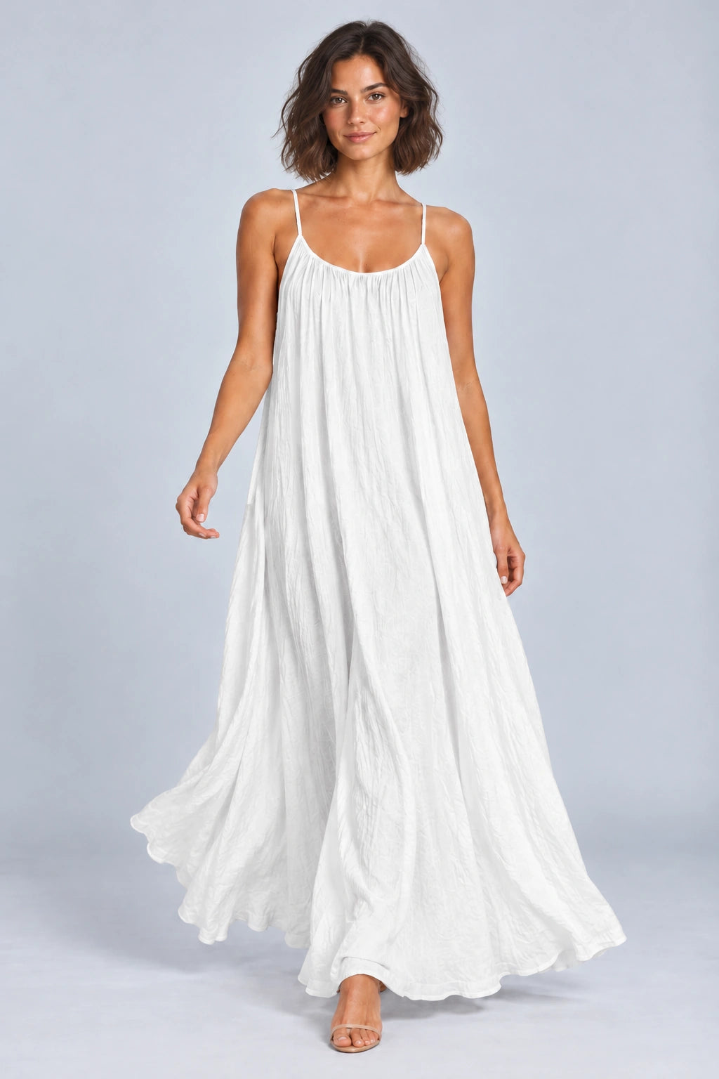 Sienna Open Back Maxi Dress in White – studio movement view